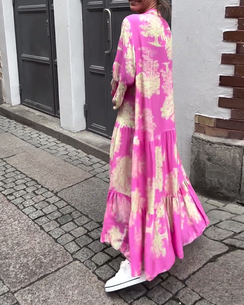 Tie Dye V-Neck Mandarin Collar Button Front Ruffle Cuff Tiered Long Sleeve Maxi Dress