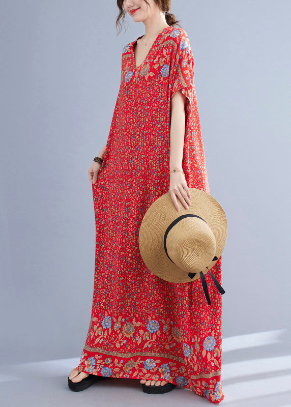 Floral Border Print V-Neck Drop Shoulder Short Sleeve Loose Maxi Dress
