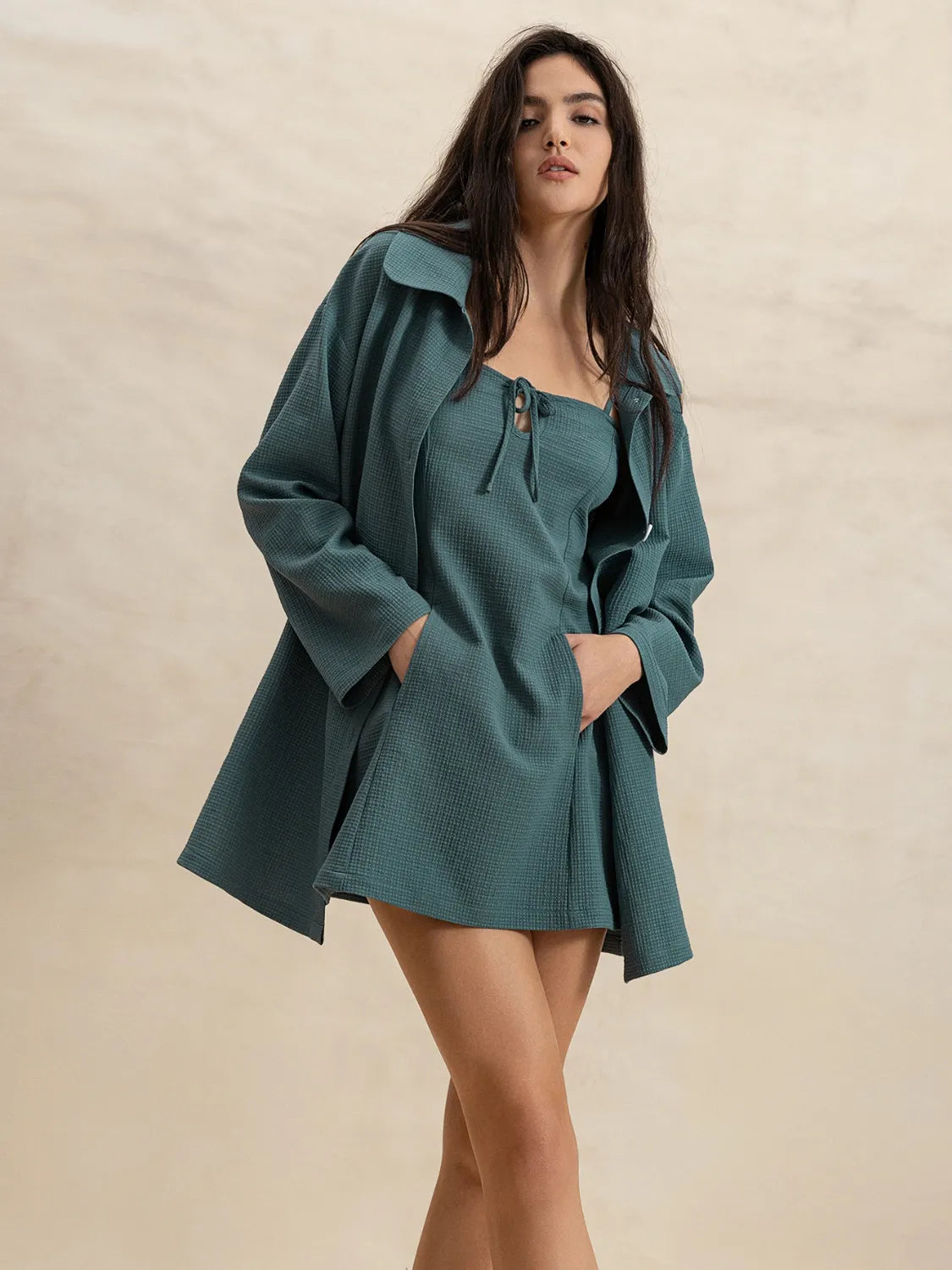 Tie Front Cami Mini Dress and Button Up Shirt Two Piece Set 8