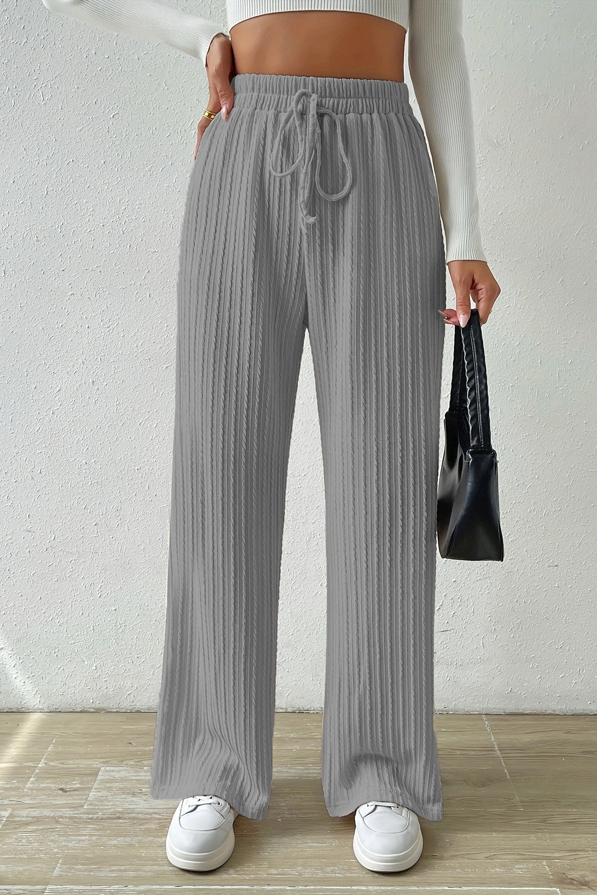 Elastic High Waist Drawstring Cable Textured Knit Wide Leg Pants 10