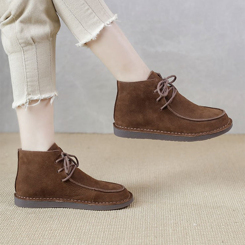 Genuine Leather Soft Flat Boots For Women Round Toe Lace Up Mori Girl Style Wide Fit Grey/Coffee