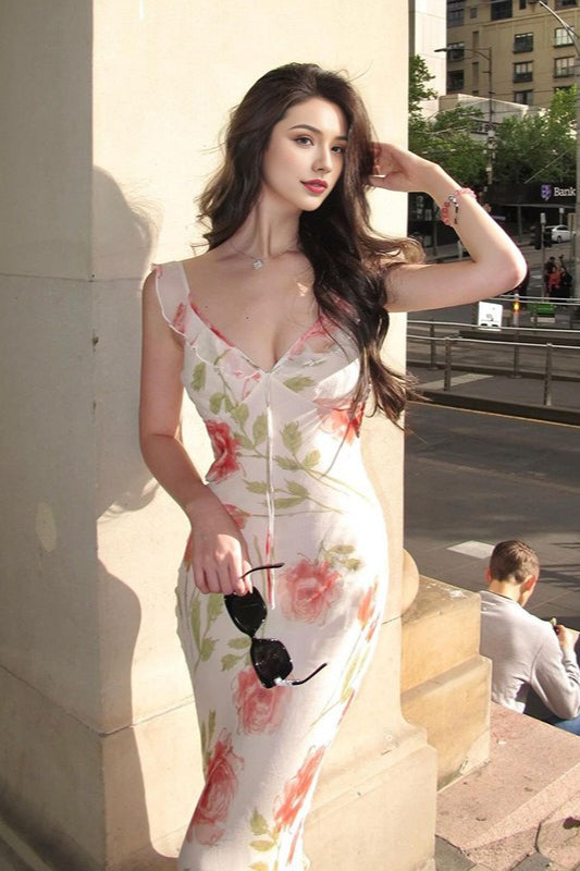 Backless Deep V-Neck Floral Dress