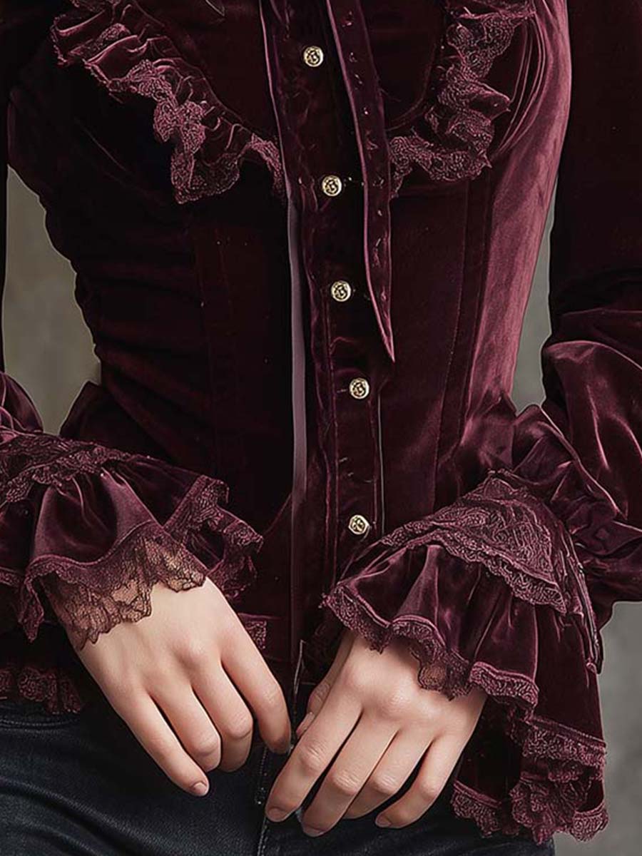 Garnet Red Romance Victorian Velvet Ruffle Blouse