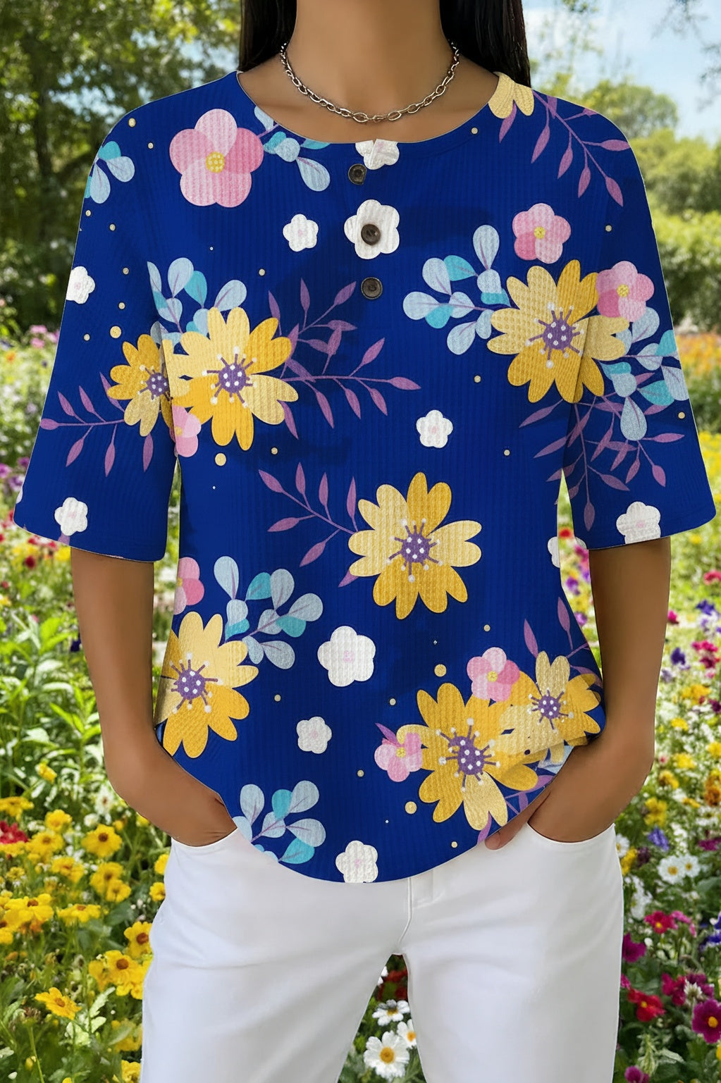 Womens Blue Floral Print Casual Shirt