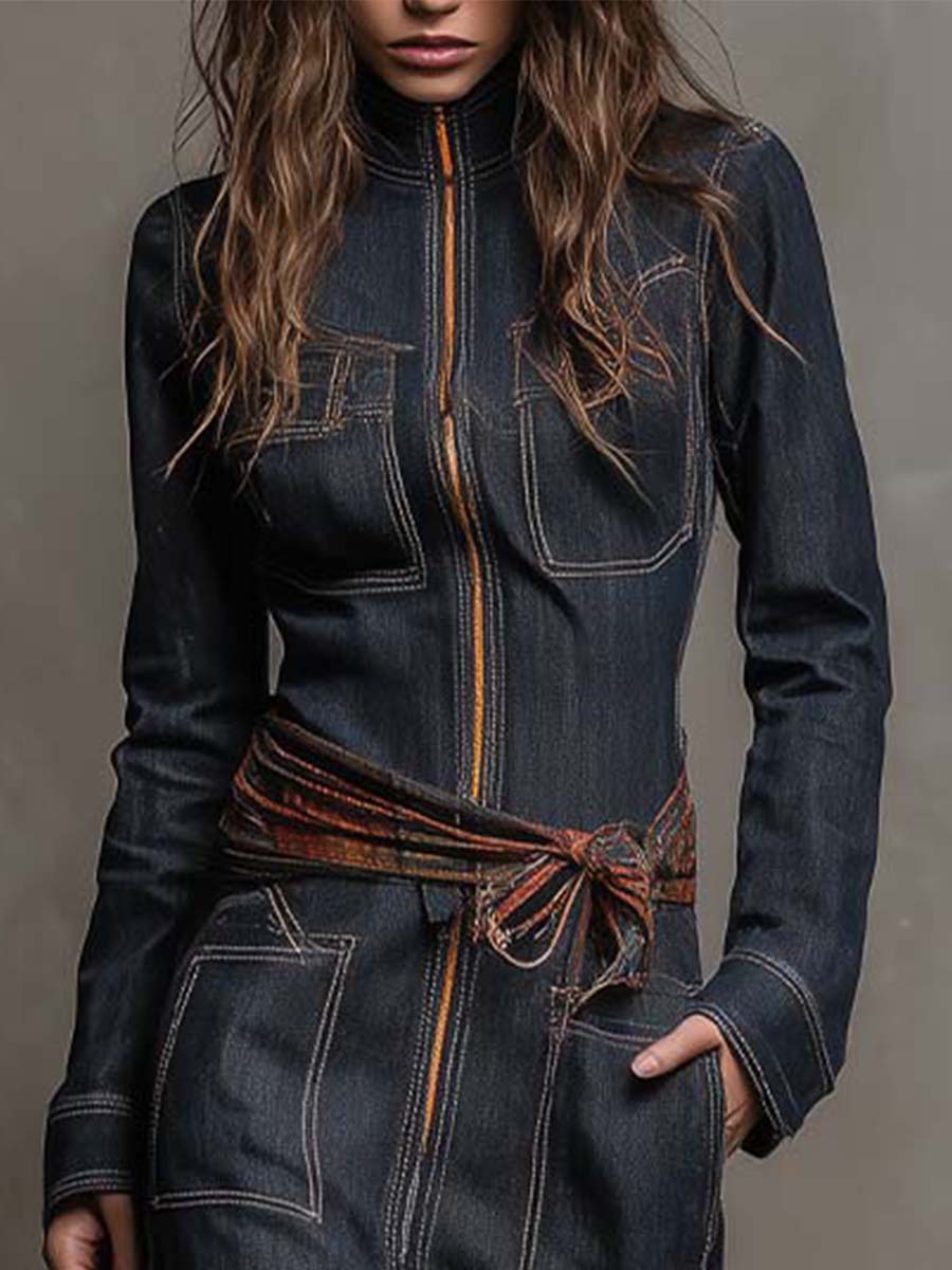 Denim Maxi Dress With Plaid Hem And Waist Tie