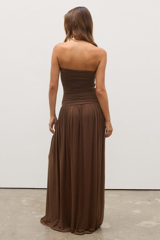 Strapless Ruched Flowy Maxi Formal Dress