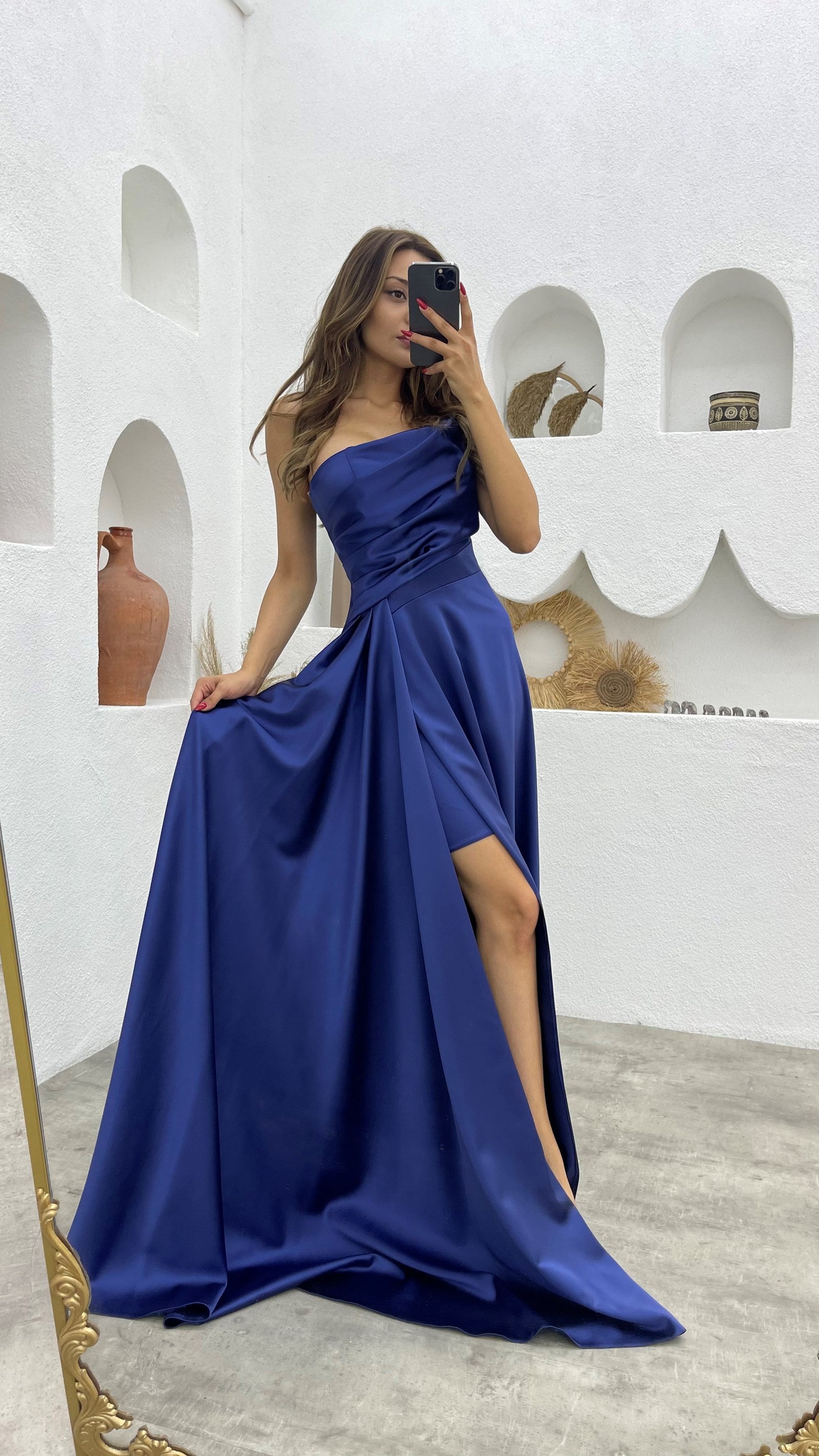 22192 - Asymmetric Strapless Draped Sleek Satin High Slit Party Prom Formal Evening Dress