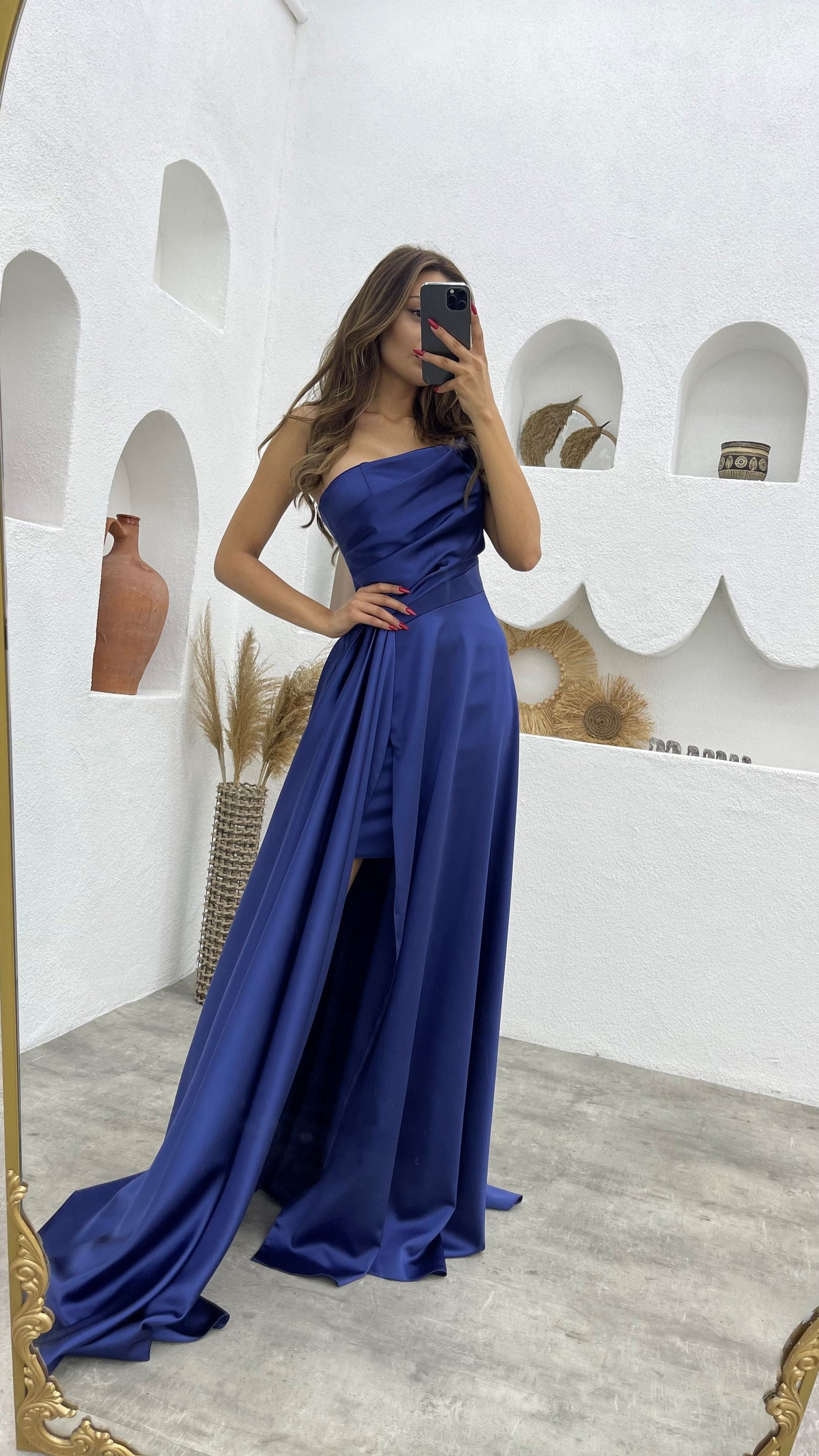 22192 - Asymmetric Strapless Draped Sleek Satin High Slit Party Prom Formal Evening Dress