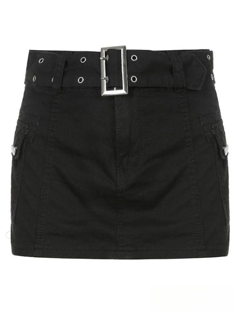 Buckle Belt Denim Trendy Pleated Mini Skirt