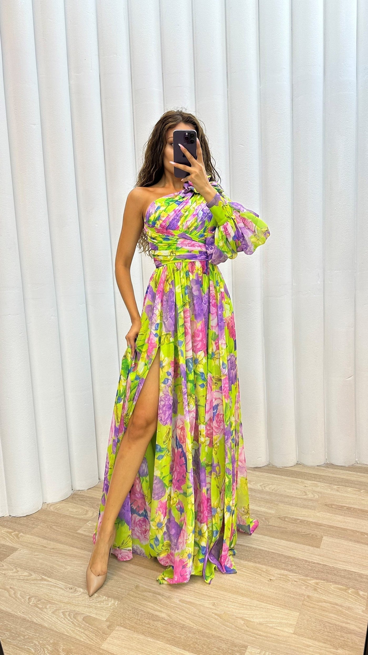 Floral Chiffon One Shoulder High Split Maxi Dress 4