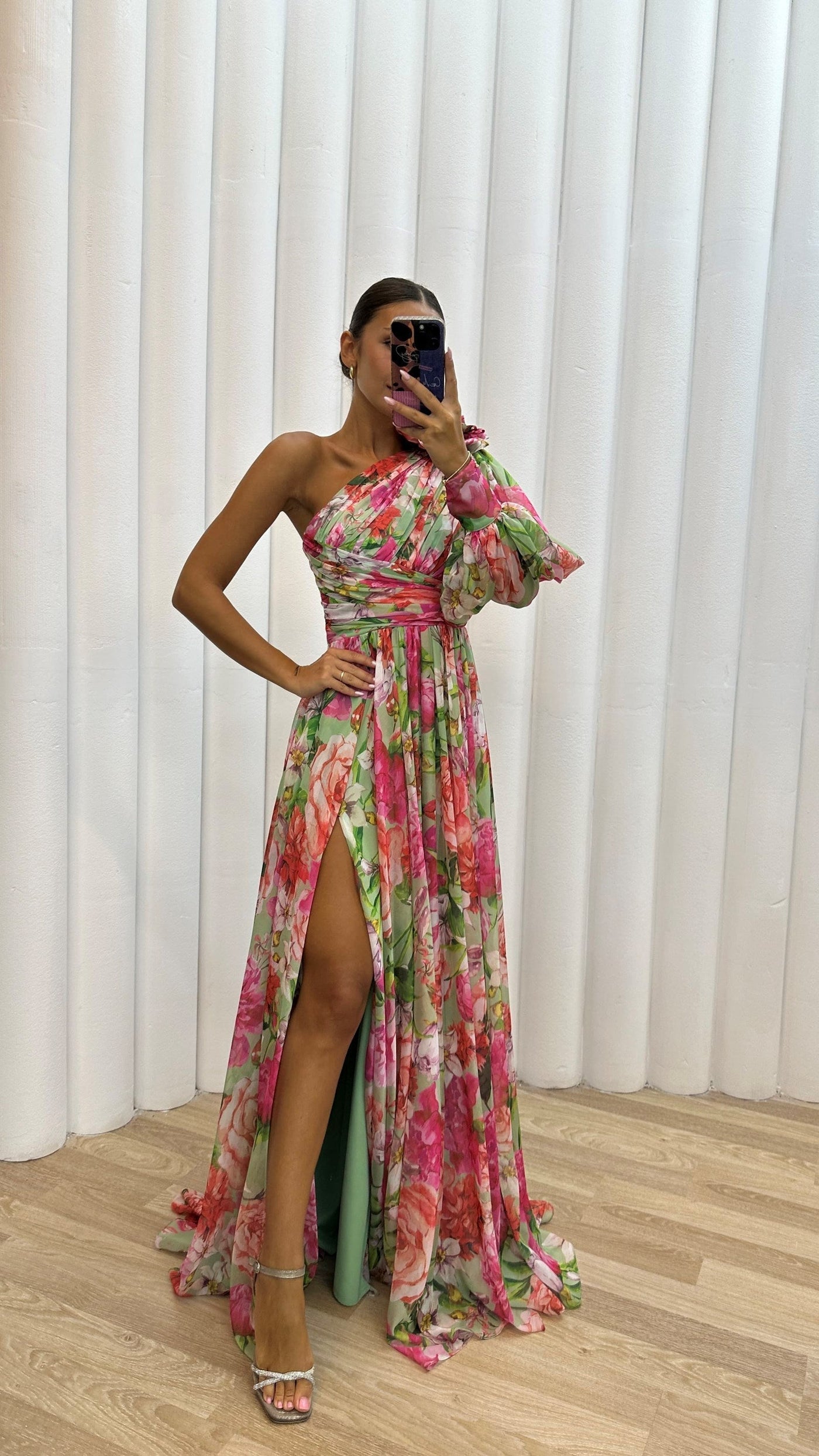 Floral Chiffon One Shoulder High Split Maxi Dress 5
