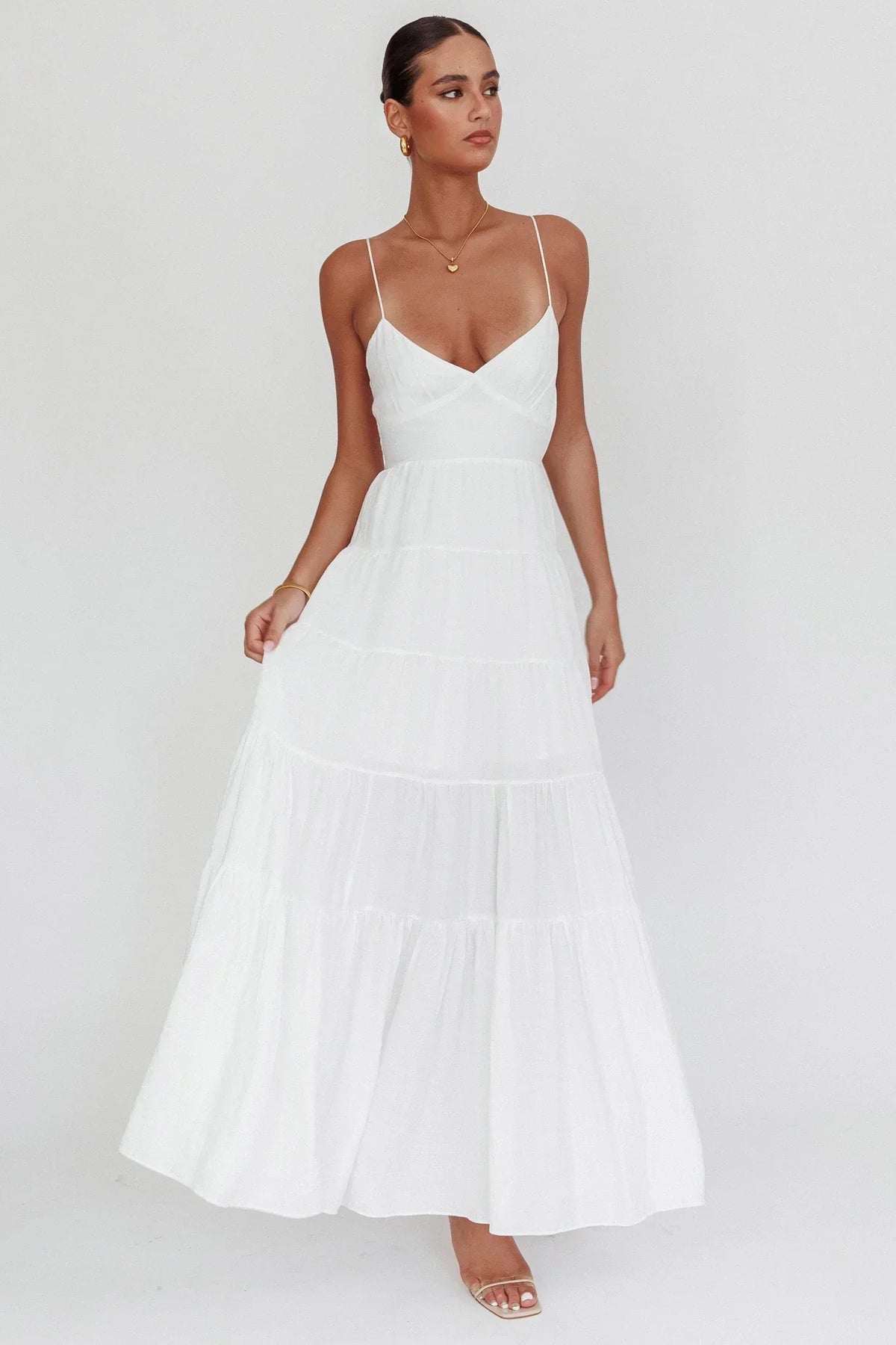 V-Neck Spaghetti Strap Tiered Empire Waist Maxi Dress 6