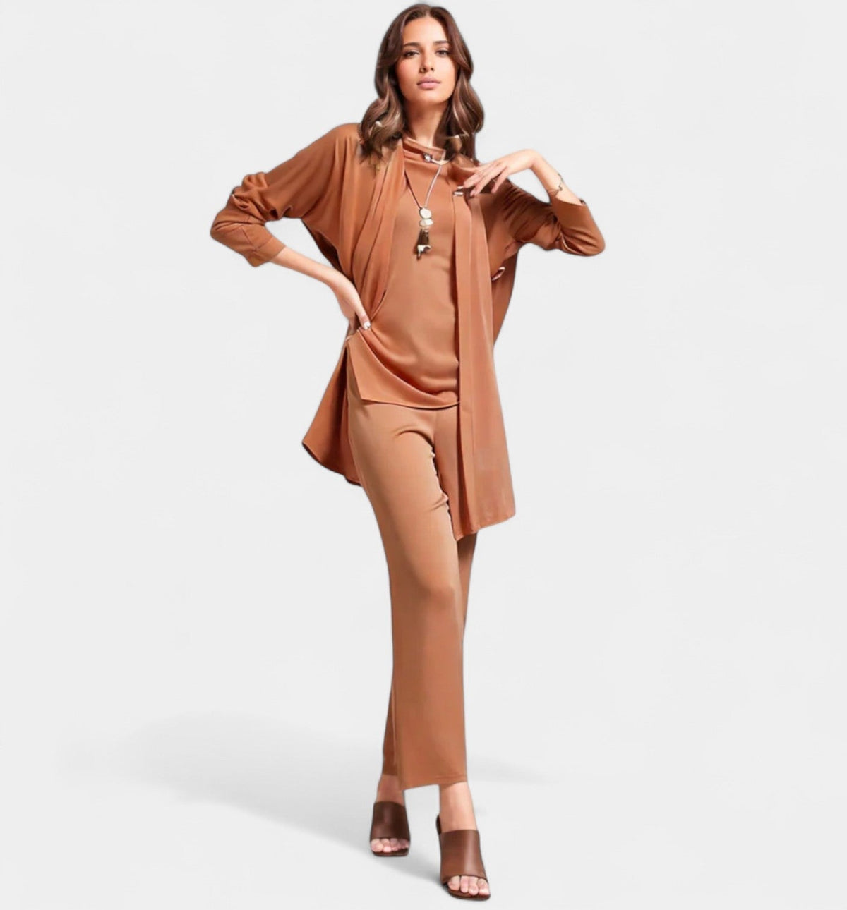 Satin Drape Cardigan Cami and Pants Three Piece Set