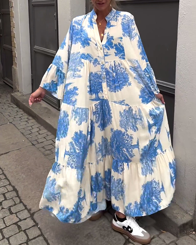 Tie Dye V-Neck Mandarin Collar Button Front Ruffle Cuff Tiered Long Sleeve Maxi Dress