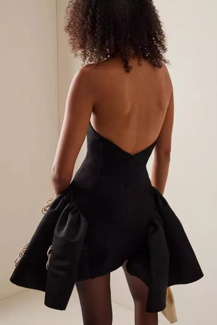 Strapless Sweetheart Corded Floral Applique Structured Fit and Flare Mini Dress