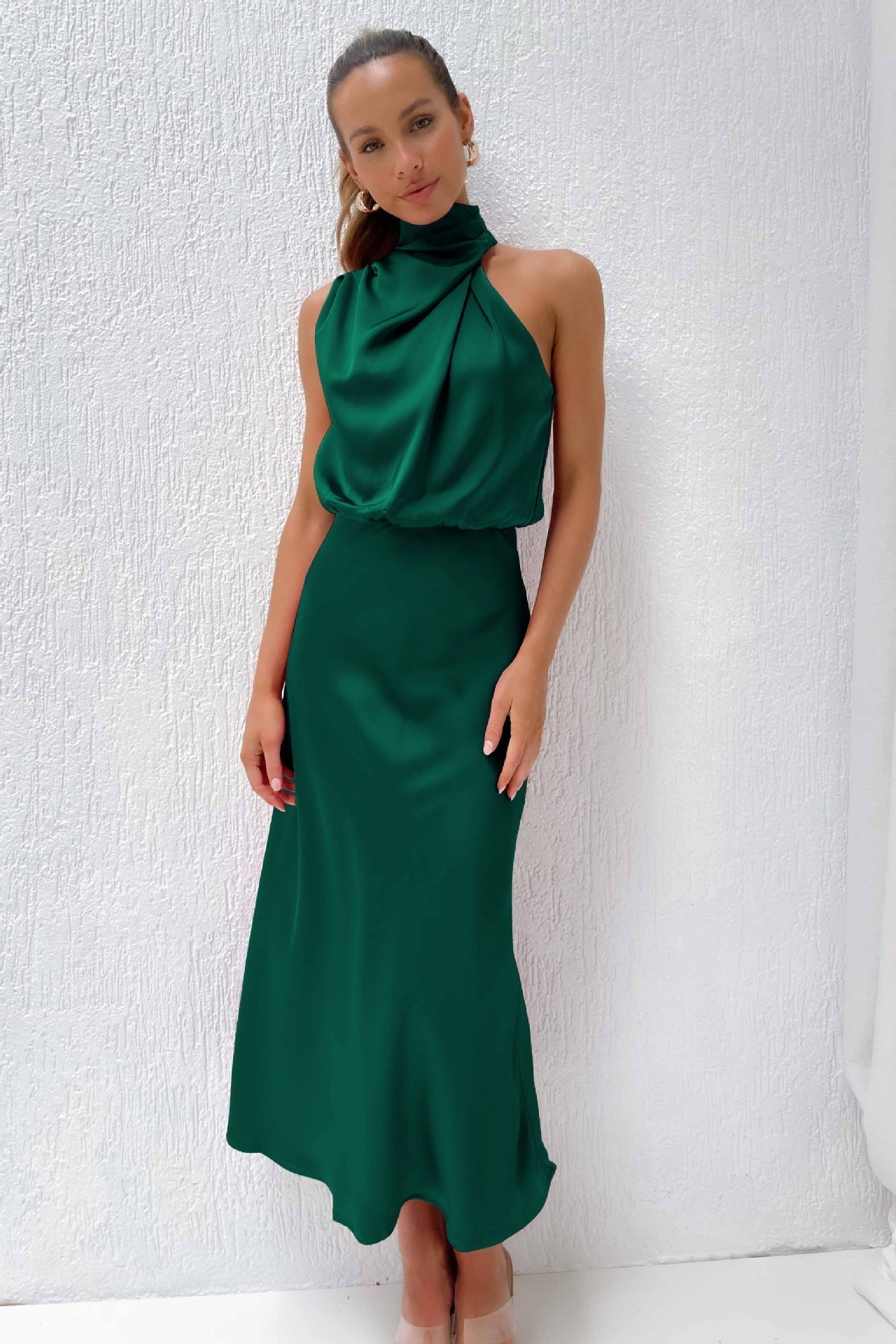 Satin Halter Neck Sleeveless Blouson Cinched Waist A-Line Midi Dress