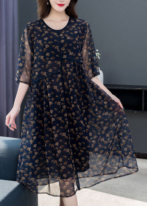 Floral Print Chiffon Round Neck Elbow Sleeve Sheer Overlay Tiered Relaxed Midi Dress