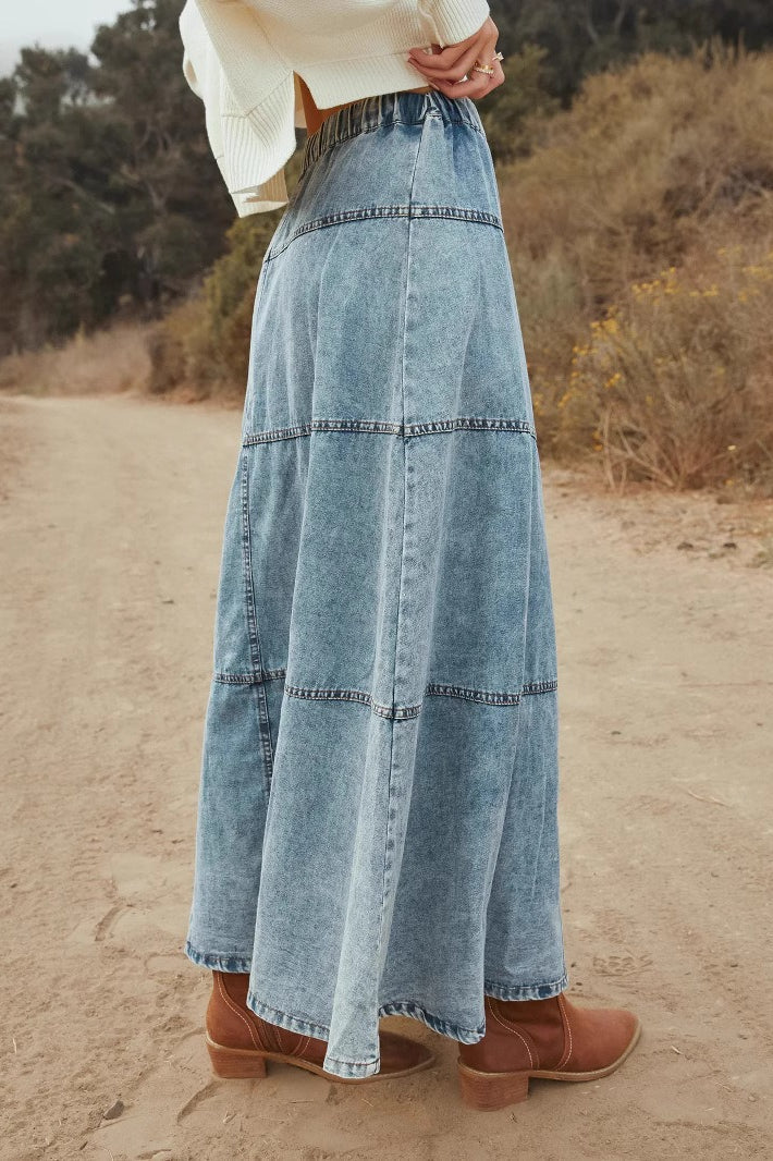 Patchwork Denim Boho Midi Skirt