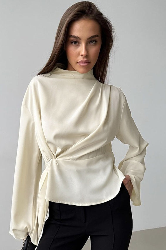 Chiffon Side Slit Tie Waist Long Sleeve Top