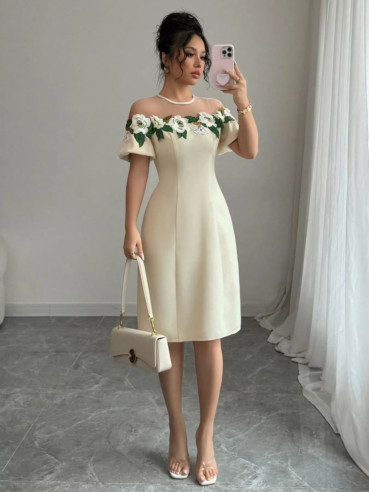 Floral Embroidered Mesh Yoke Puff Sleeve Sheath Midi Dress 6