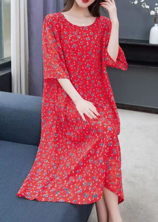 Ditsy Floral Print Chiffon Round Neck Three Quarter Sleeve A-Line Midi Dress