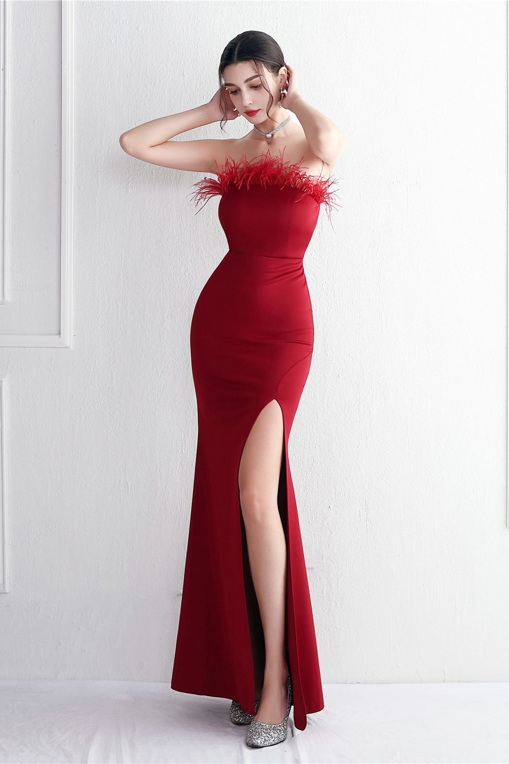 Feather Trim Strapless High Split Mermaid Gown
