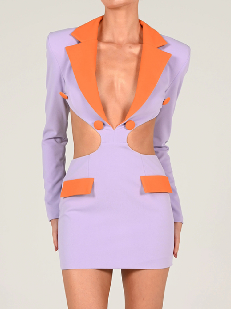 Deep V-Neck Long Sleeve Contrast Lapel Cut Out Blazer Mini Dress