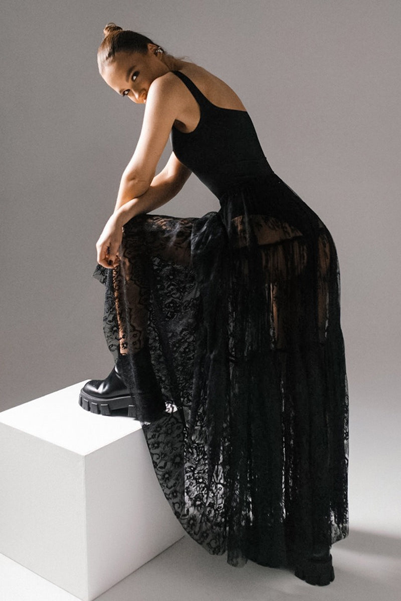 Black Lace Panel Boho Maxi Skirt