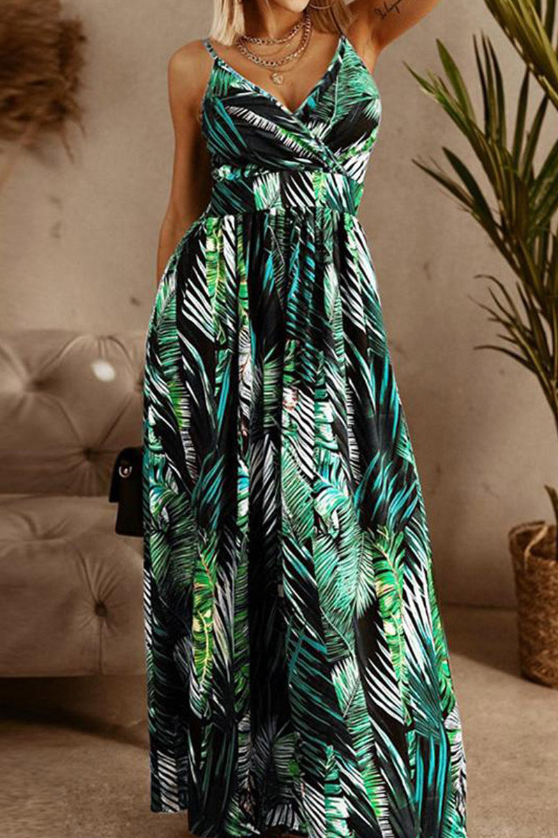 Tropical Leaf Print V-Neck Spaghetti Strap Maxi Dress 6