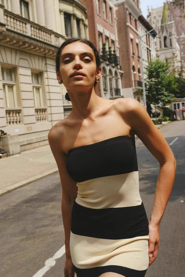 High-Waisted Knit Striped Work Dress