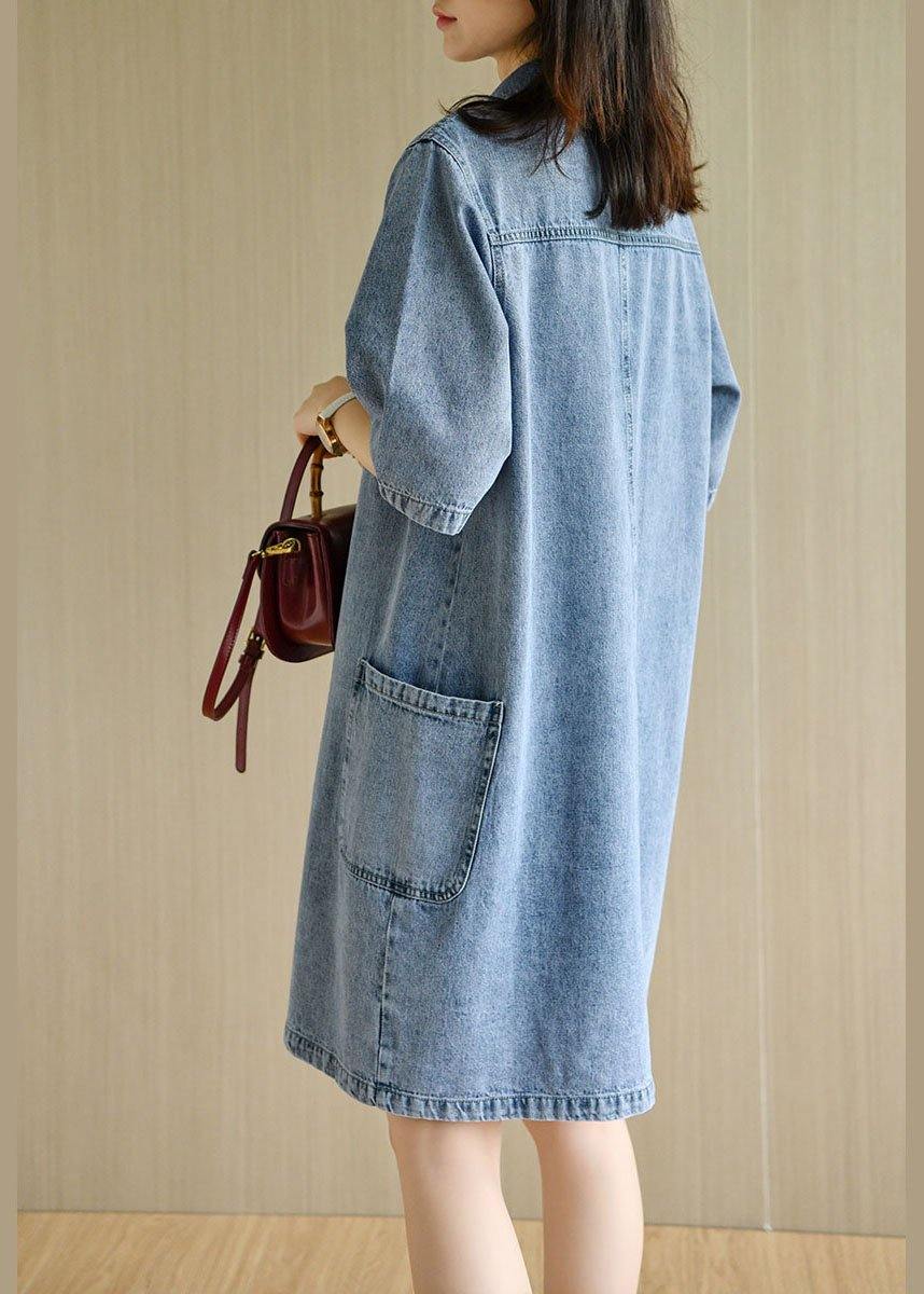 Denim Collared Button Front Patch Pocket Short Sleeve Shift Mini Dress