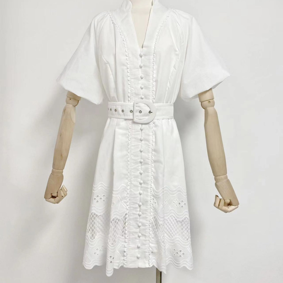 V-Neck Puff Sleeve Belted Button Front Eyelet Lace Mini Dress 3