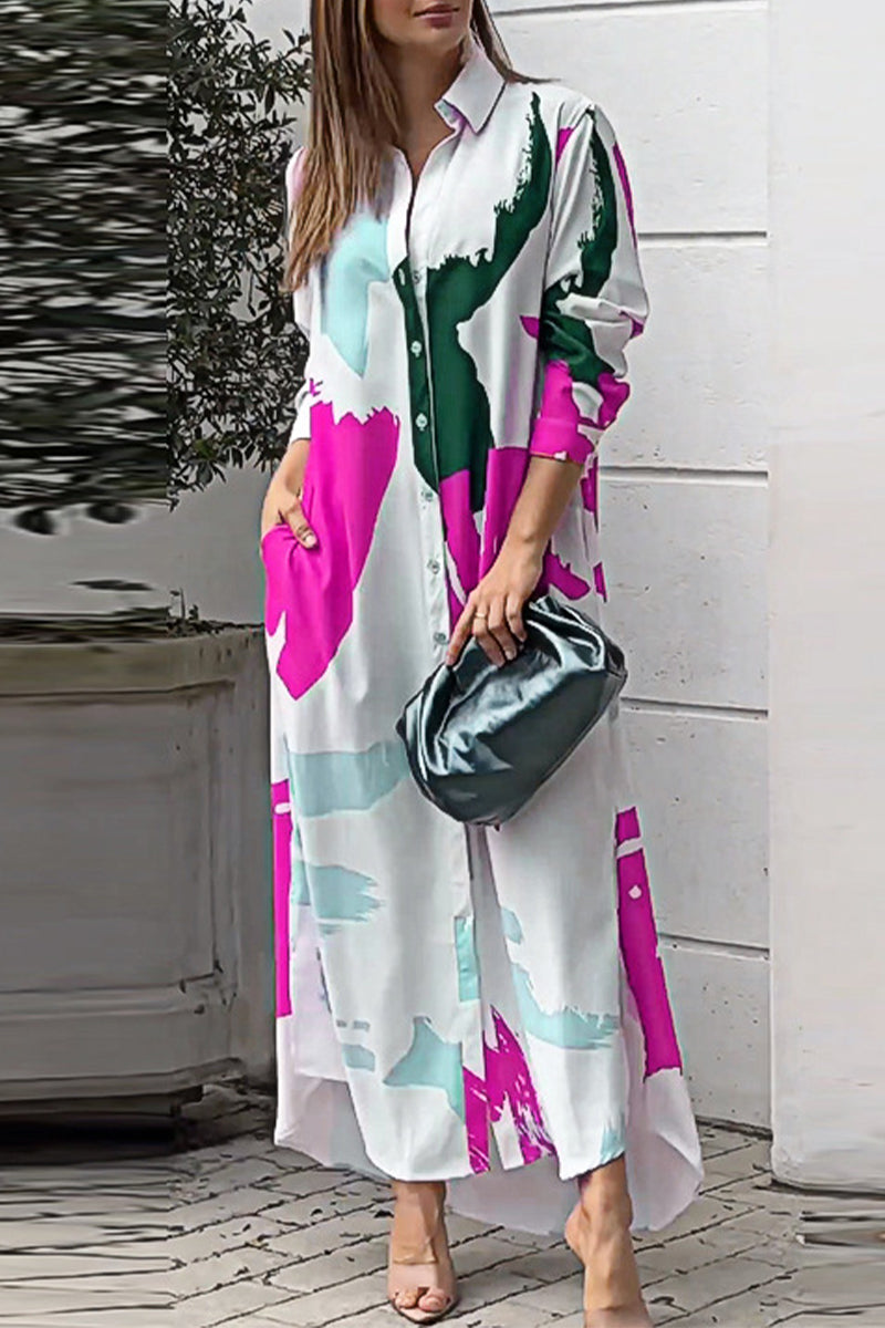 Collared Button Front Long Sleeve Pocket Slit Maxi Shirt Dress