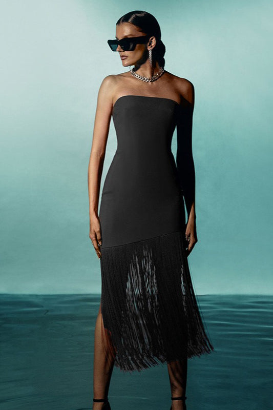 Strapless Fringe Trim High Split Bodycon Mini Party Dress