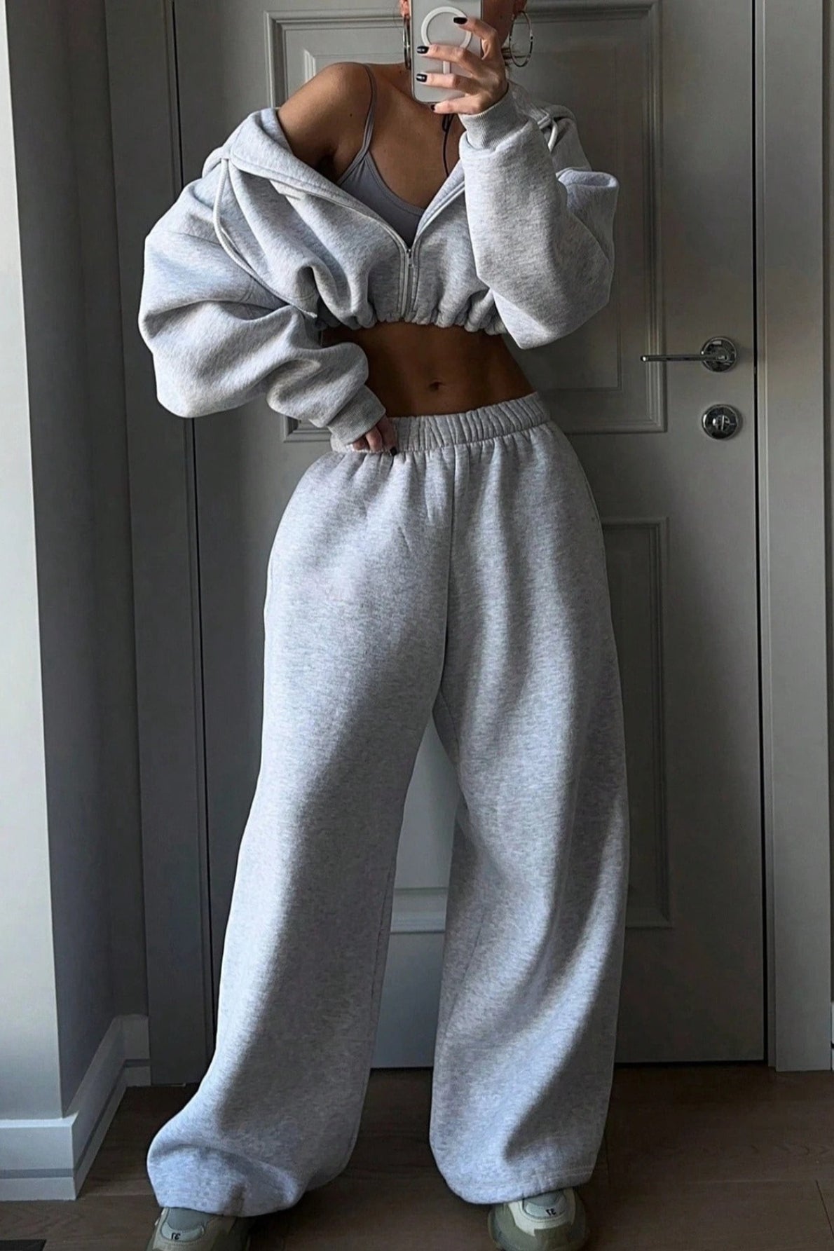Cropped Zip Front Hoodie and Wide Leg Baggy Sweatpants Two Piece Set