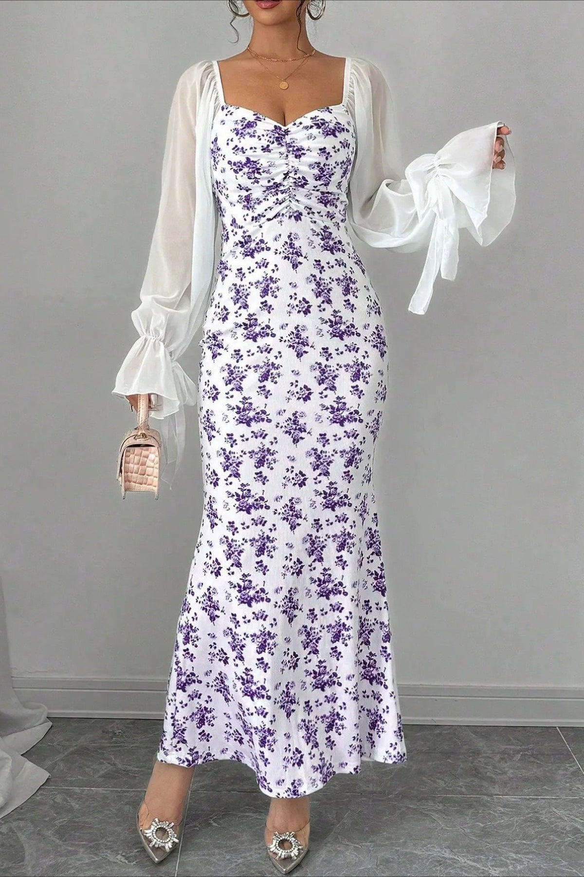 Floral Sweetheart Long Sleeve Ruched Mermaid Maxi Dress