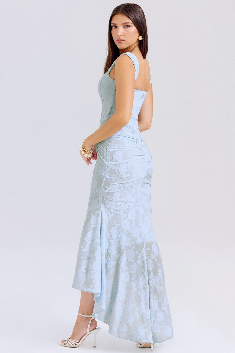 Velvet Square Neck Ruched Waist Lace Midi Dress