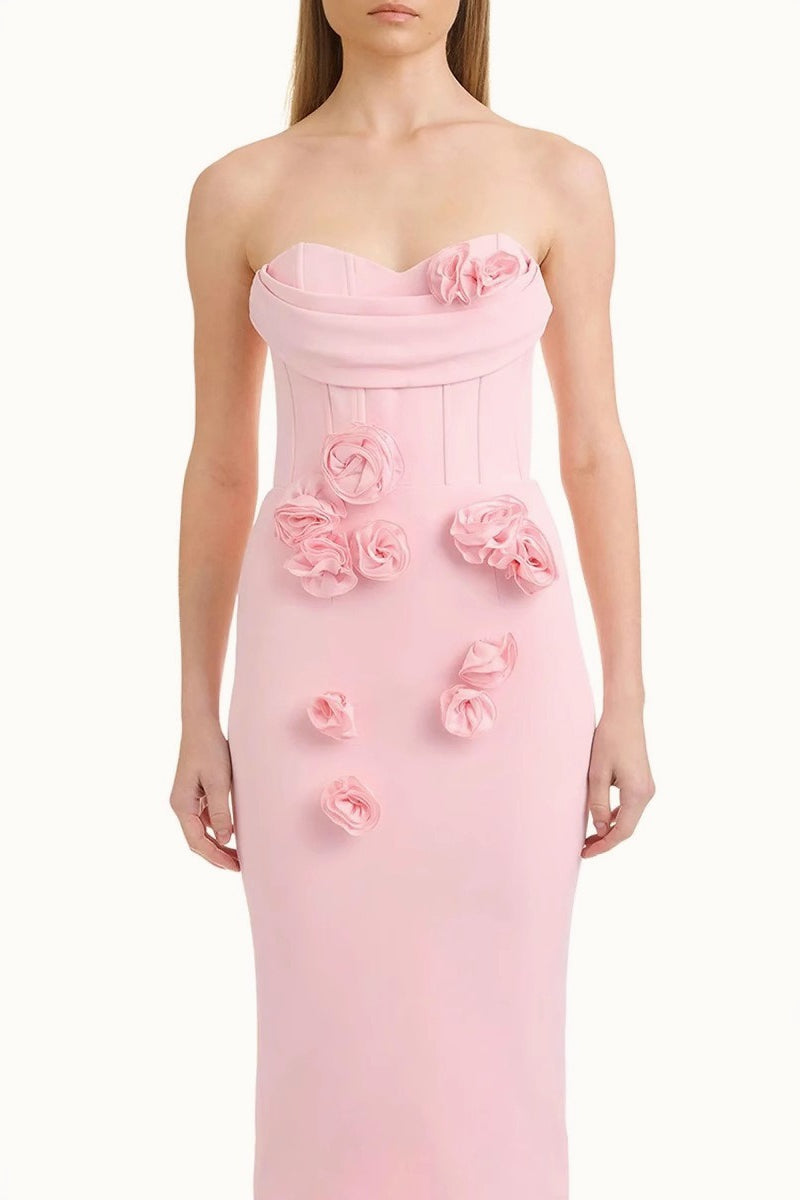 Strapless Corset 3D Floral Bodycon Maxi Dress