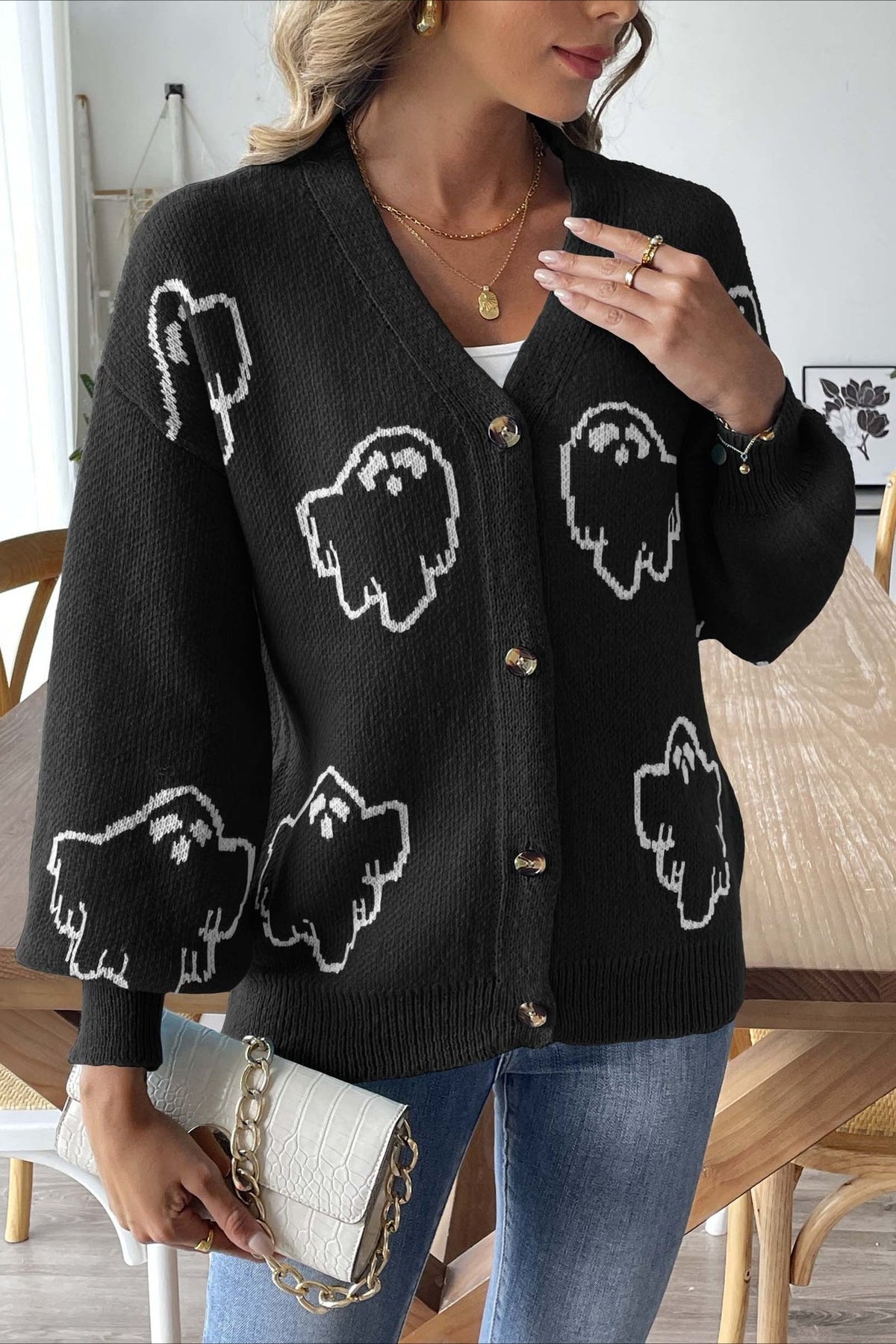 Ghost Pattern V-Neck Drop Shoulder Button Front Knit Cardigan 7
