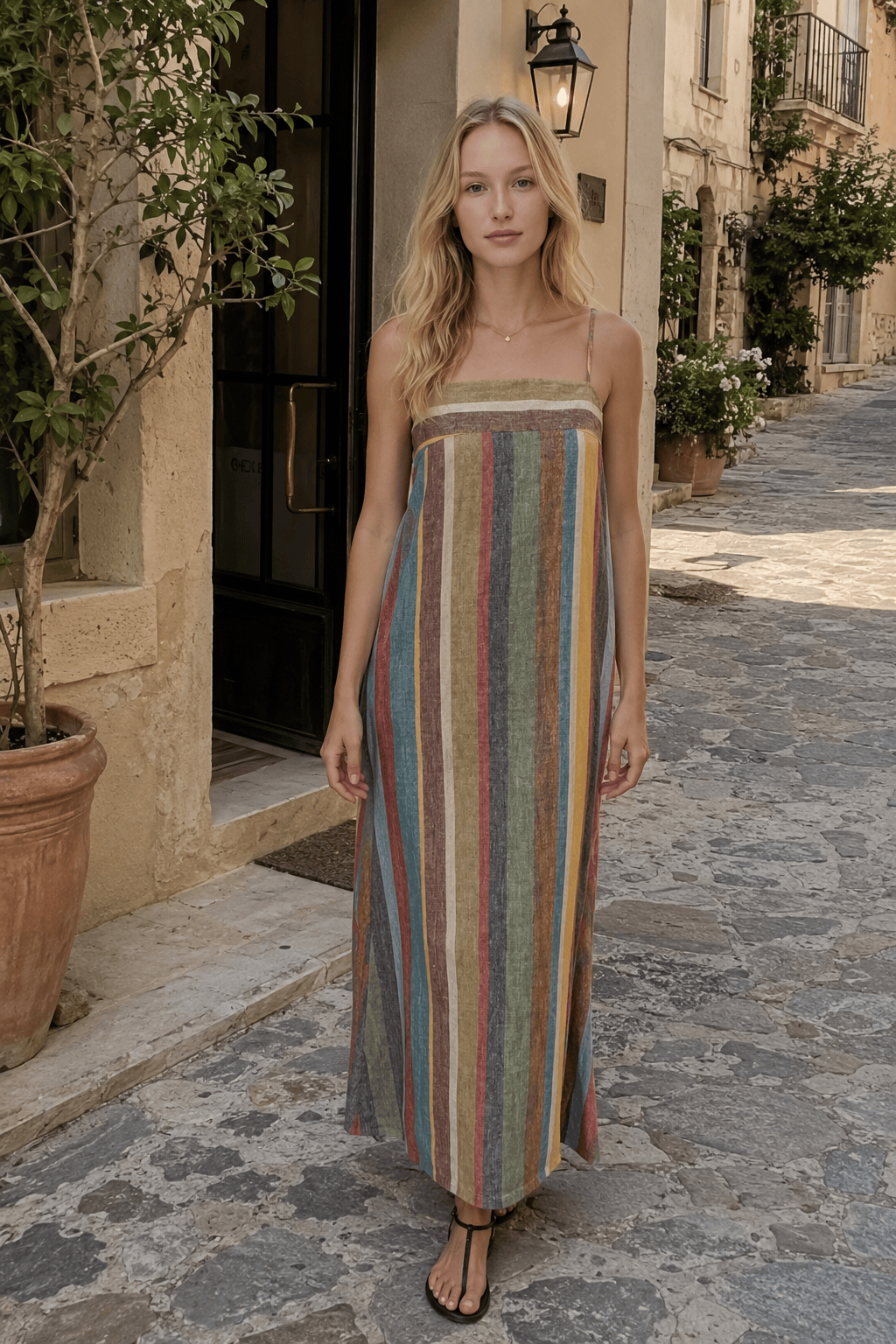 Striped Printed Strap Boho Dress