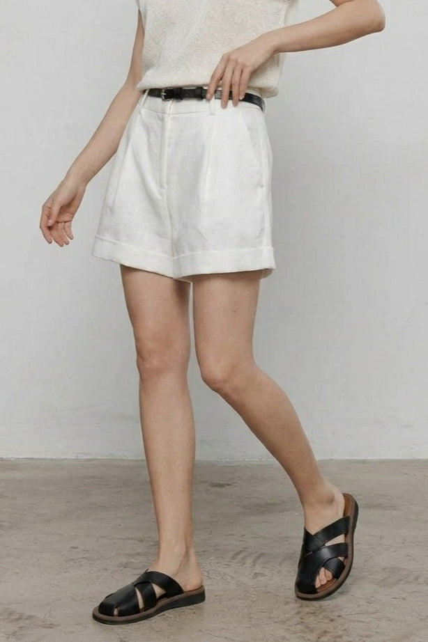 High Waist Pleated Front Cuffed Hem Linen Look Tailored Shorts 2