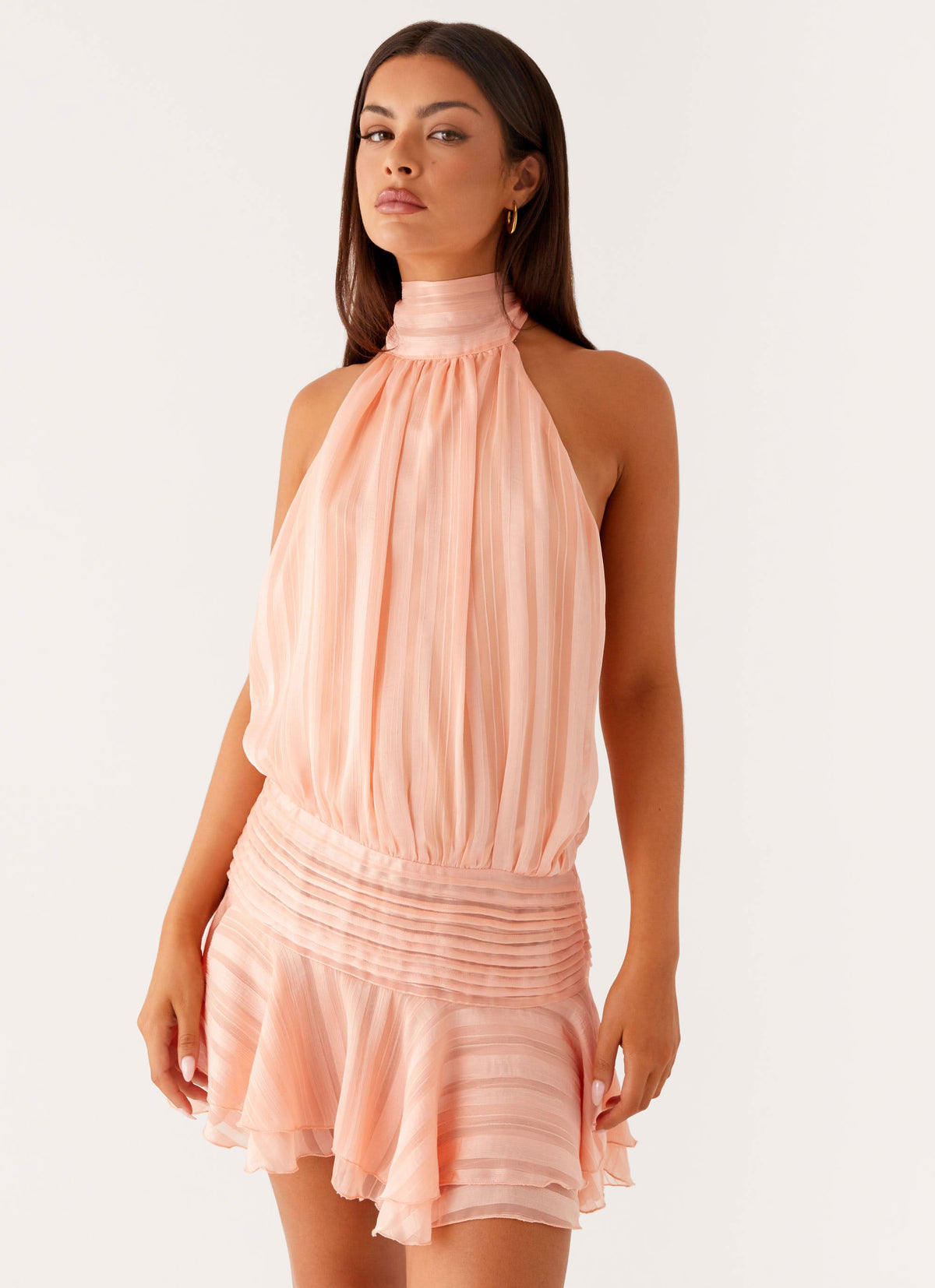 Halter High Neck Striped Chiffon Drop Waist Ruffle Mini Dress 8