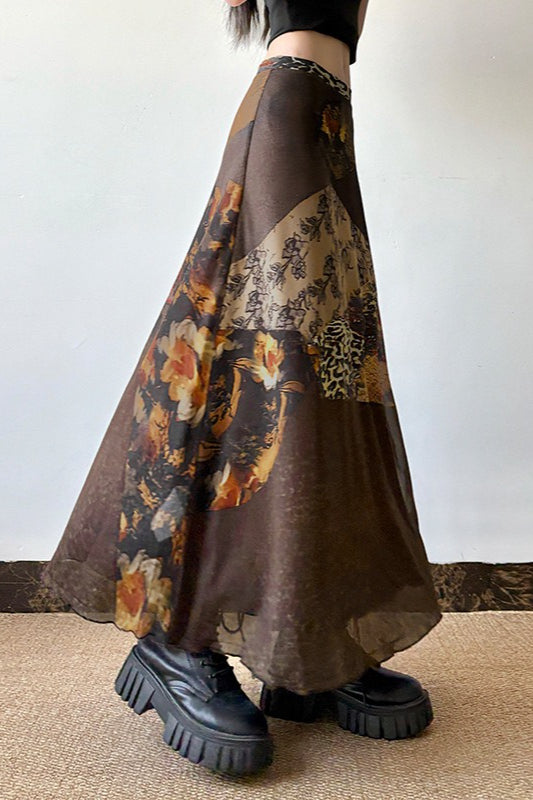 Patchwork Animal Print Sheer Mesh Low Waist Maxi Skirt 4