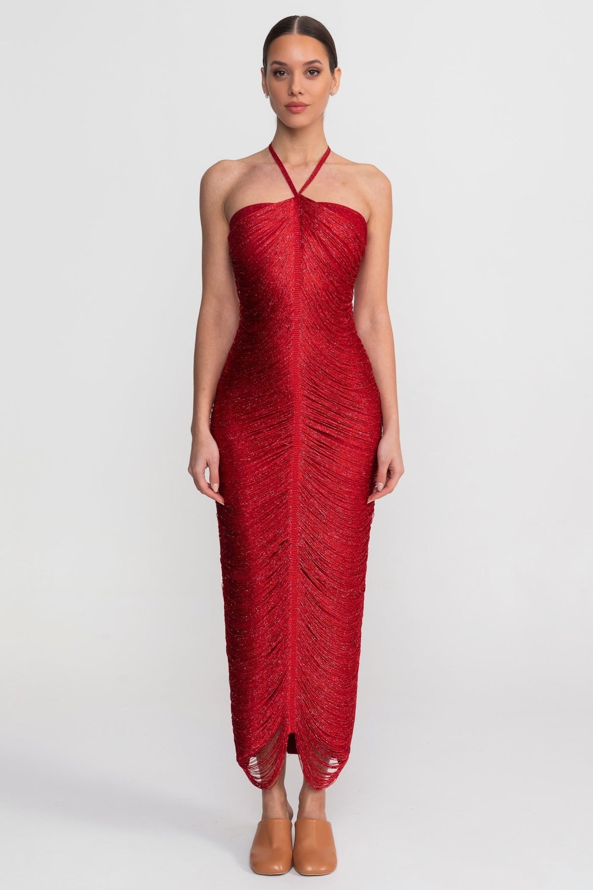 Halter Neck Draped Fringe Strand Bodycon Midi Dress