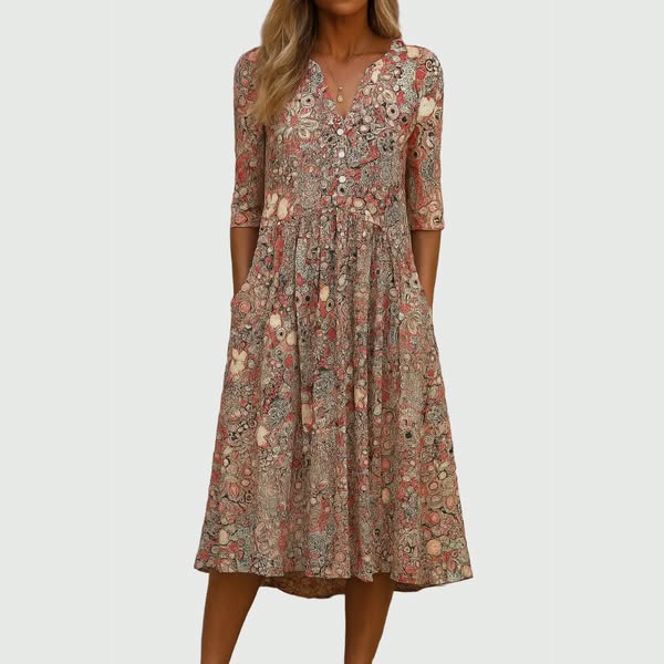 Floral Print V-Neck Half Sleeve Button Front Pocket Midi Dress
