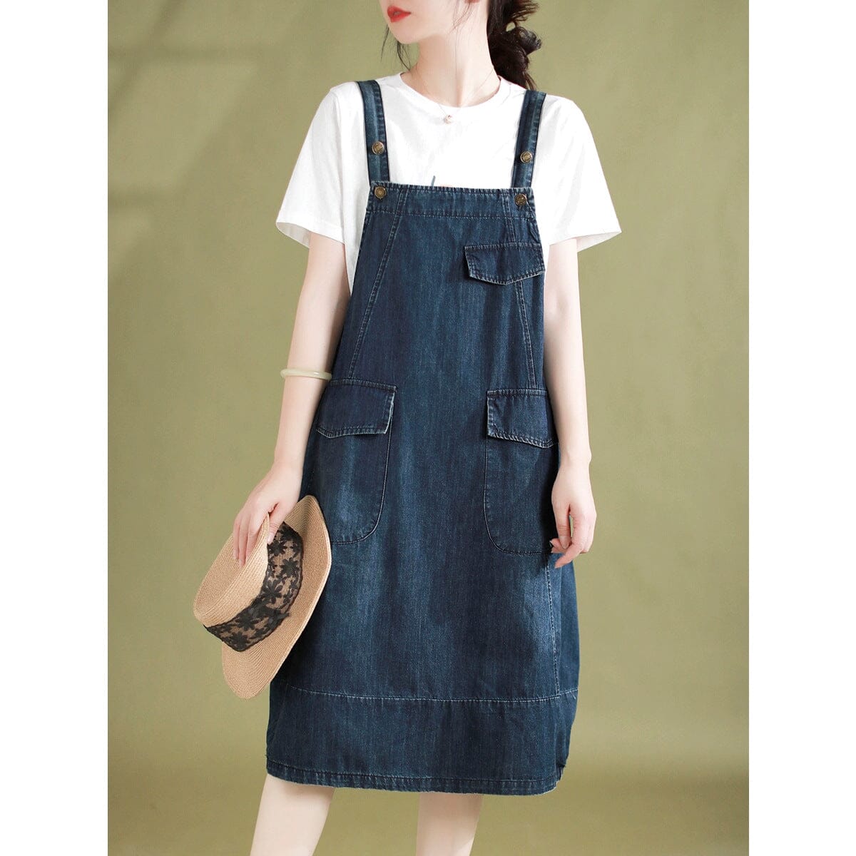 Sleeveless Denim Pinafore Flap Pocket Button Strap Midi Dress
