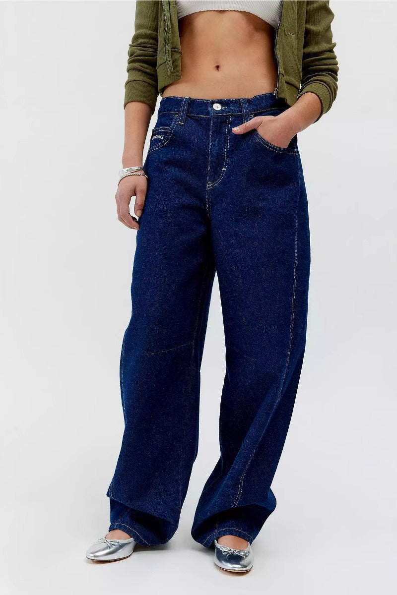 Low Rise Contrast Stitch Baggy Wide Leg Denim Jeans 4