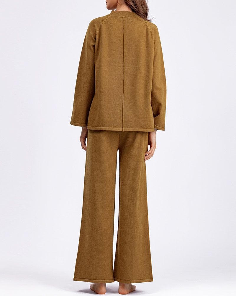 Solid color slit sweater wide-leg trousers two-piece set