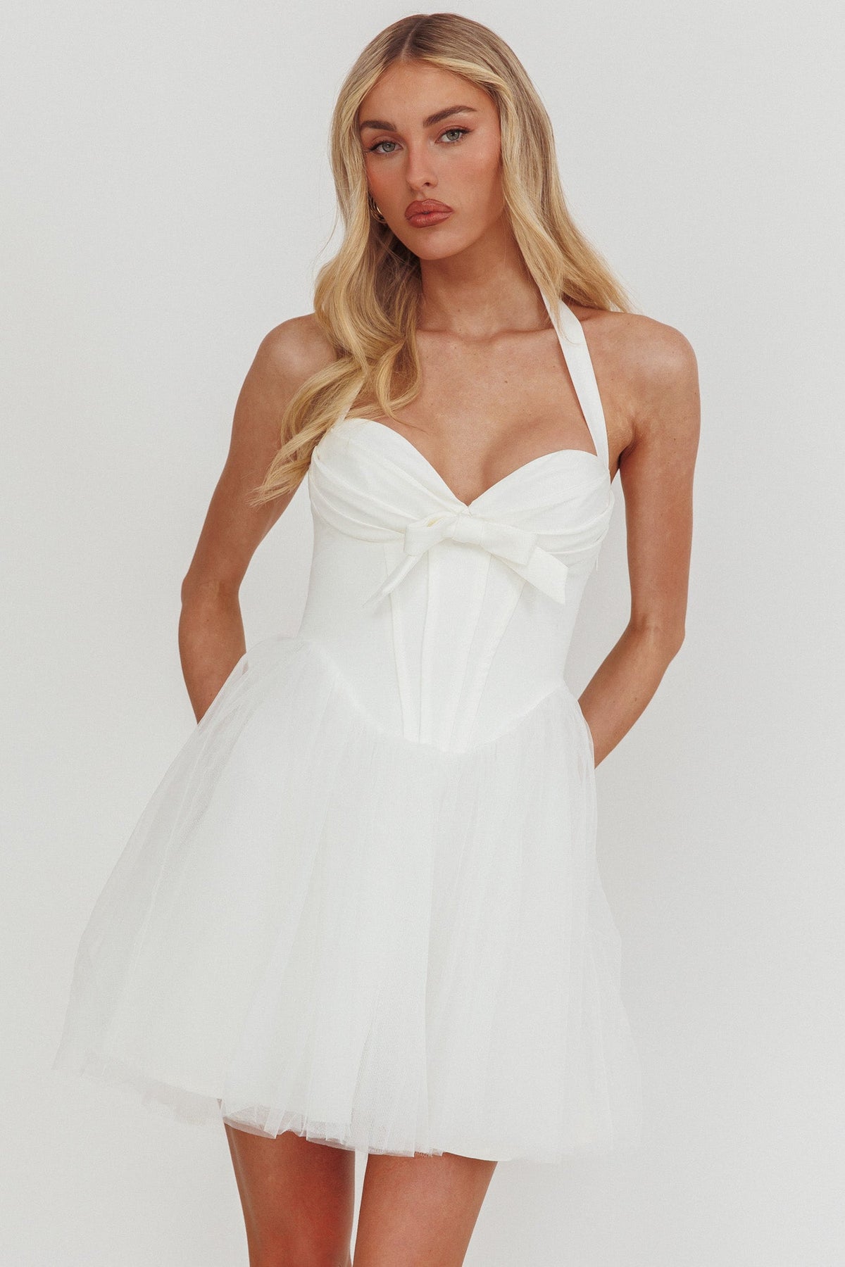 Halter Neck Bow Sweetheart Corset Tulle Skater Mini Dress
