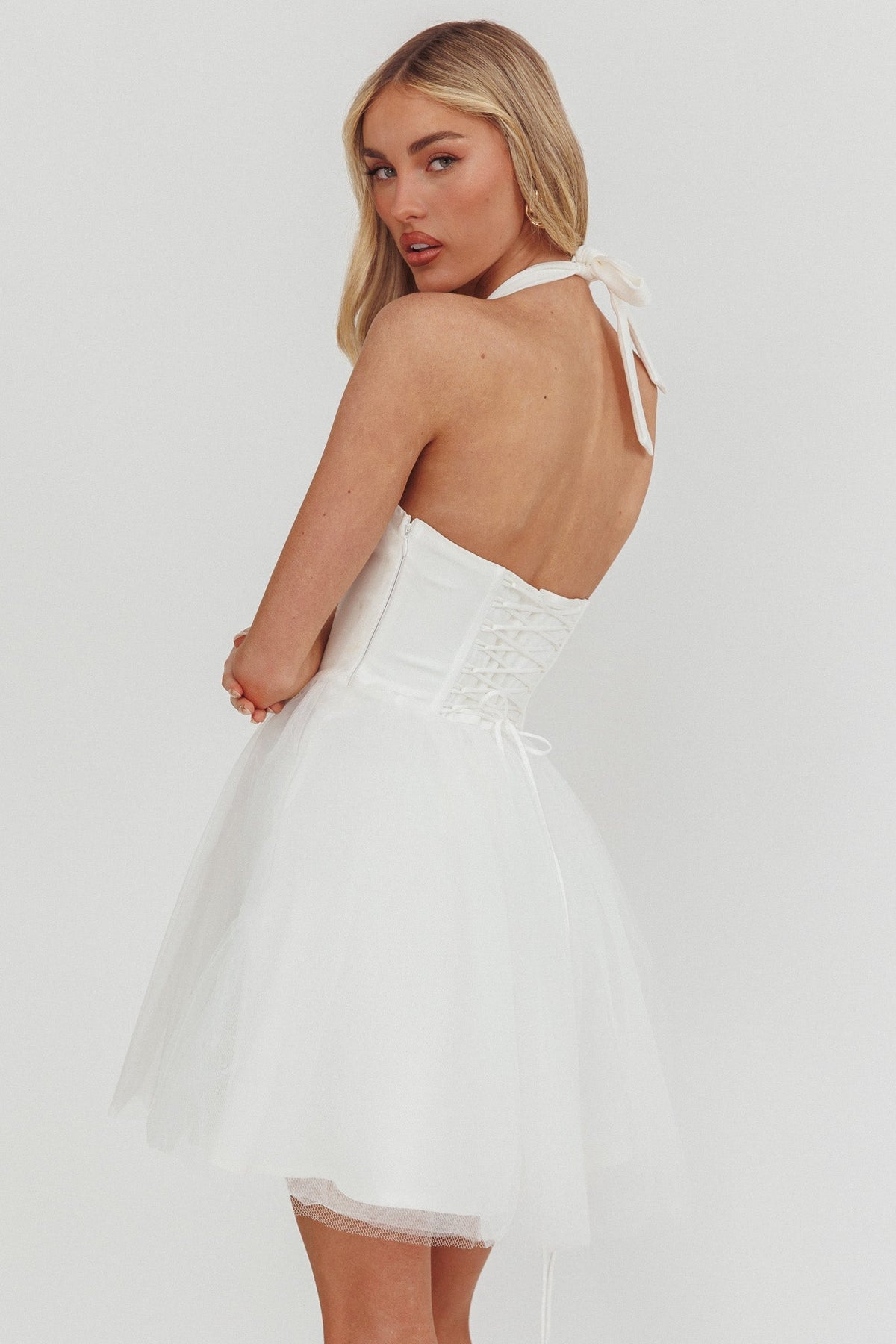 Halter Neck Bow Sweetheart Corset Tulle Skater Mini Dress 2